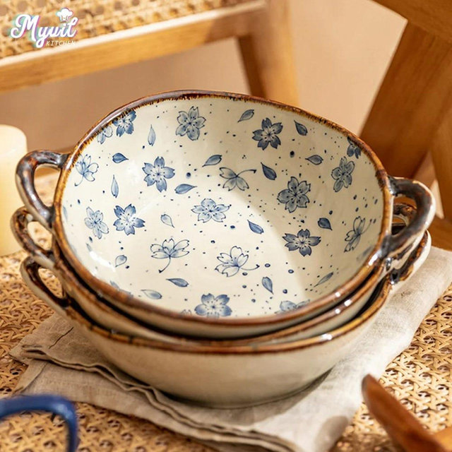 Handmade Ceramic Soup Bowl, Salad Pasta Bowl With Handle, Kitchen Tableware Microwave Oven Bakeware, Holiday Soup Ceramic Bowl
