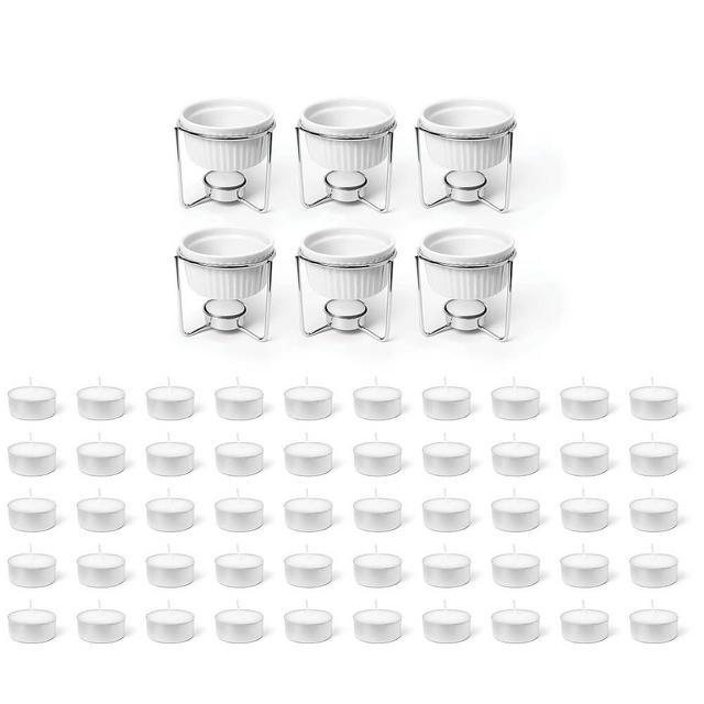 Butter Warmers 6 Piece Set Ceramic Ramekins & 50 Tealight Candles, Great For Butter, Seafood, Chocolate or Cheese Fondue, Dishwasher Safe, & Microwave - Oven Safe