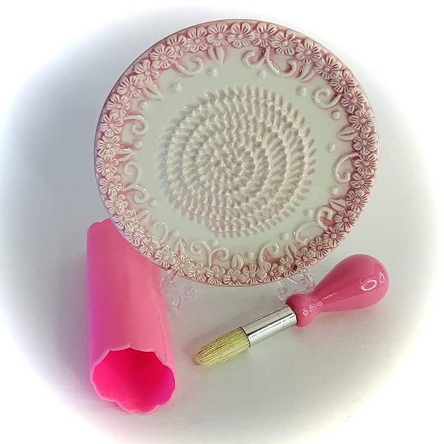 BonCera, All-in-one 4pcs Prime Ceramic Garlic Grater Set - HandMade, Pink Garlic Design Grater Plate w/Garlic Peeler, Gathering Brush, Display Stand, It's also grating Turmeric, Ginger, and more,