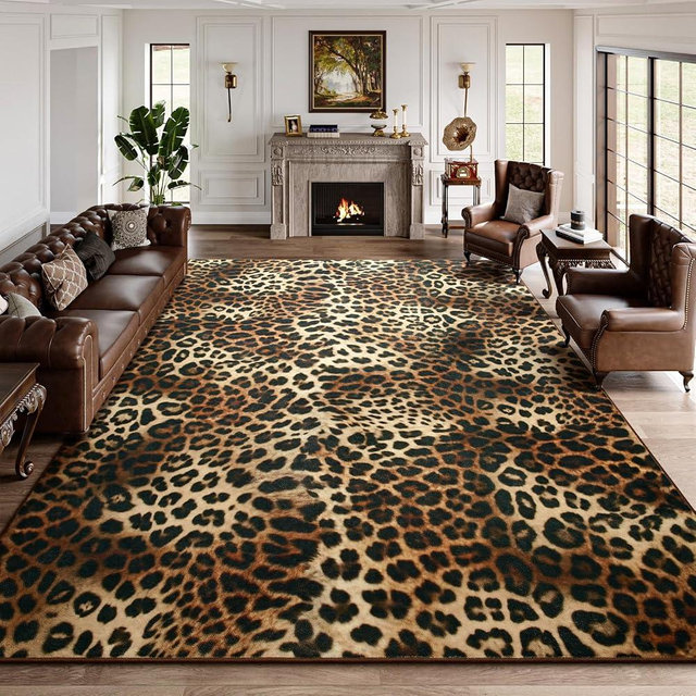 DweIke Leopard Rugs for Living Room, 8x10 Cheetah Print Rug for Bedroom Decor, Washable Non-Slip Stain Resistant Faux Animal Throw Carpet for Dining Room Office Western Home, Dark Brown