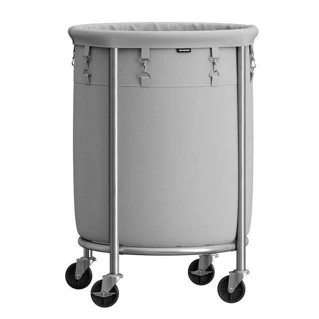 SONGMICS Laundry Basket with Wheels, Rolling Laundry Hamper, 29 Gal., Round Laundry Cart with Steel Frame and Removable Bag, 4 Casters and 2 Brakes, Gray and Silver URLS002G01