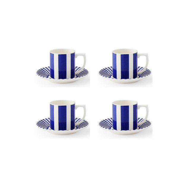 Spode Blue Italian Steccato Espresso Cup and Saucer, Set of 4