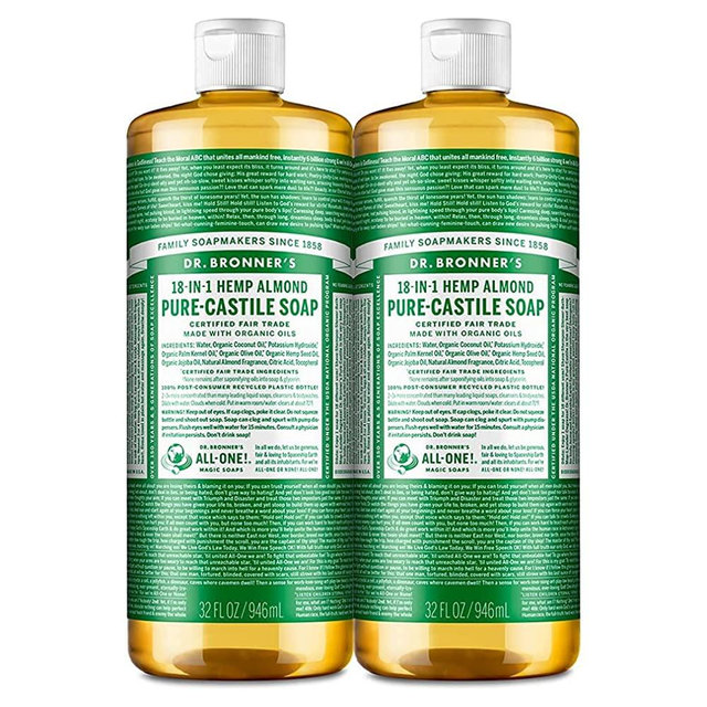 Dr. Bronnerâ€™s - Pure-Castile Liquid Soap (Almond, 32 ounce, 2-Pack) - Made with Organic Oils, 18-in-1 Uses: Face, Body, Hair, Laundry, Pets and Dishes, Concentrated, Vegan, Non-GMO