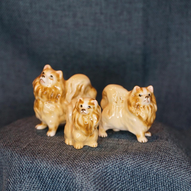 Miniature Pomeranian Family Figurine Set. Vintage Bone China Orange Cream Fluffy Puppy Dog Collectibles. Doll Diorama Pets. Desk Decor Gift