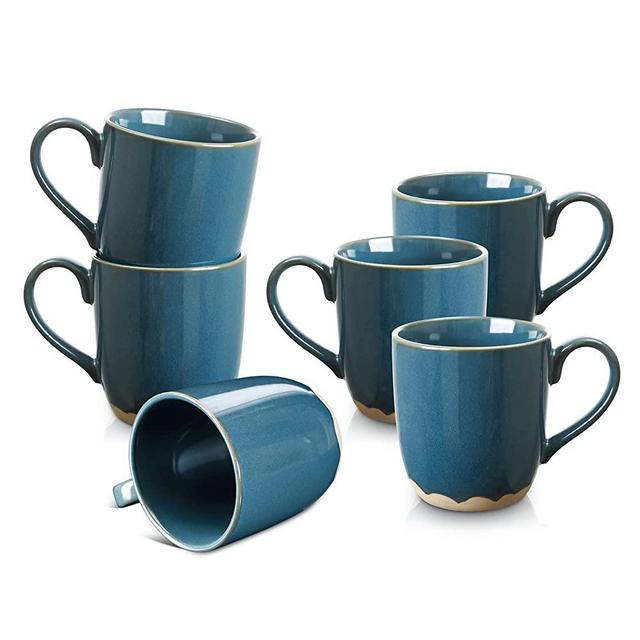 Selamica Ceramic Coffee Mug Set with Large Handle, 16 oz Restaurant Big Coffee Cups for Tea Latte Cappuccino Milk, Perfect for Office and Home, Christmas Gift, Set of 6, Ceylon Blue