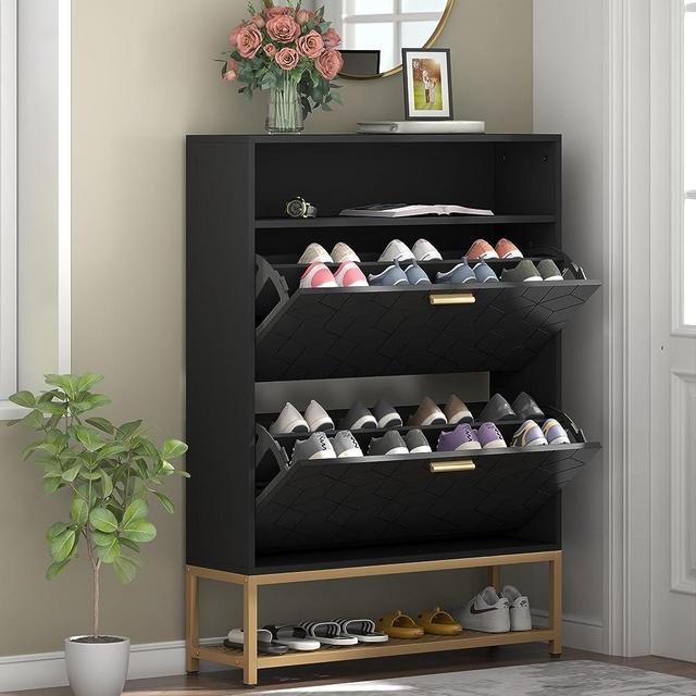Loomie Shoe Cabinet,Freestanding Tipping Bucket Shoe Rack Organizer with 2 Flip Drawers,Entryway Narrow Shoe Storage with Storage Shelf &Top Cubby,Modern Slim Hidden Shoe Cabinet with Door 3D Pattern