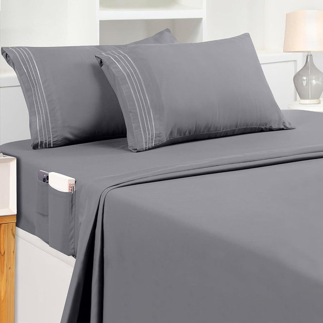 Utopia Bedding King Sheet Set – Soft Microfiber 4 Piece Hotel Luxury Bed Sheets with Deep Pockets - Embroidered Pillow Cases - Side Storage Pocket Fitted Sheet - Flat Sheet (Grey)