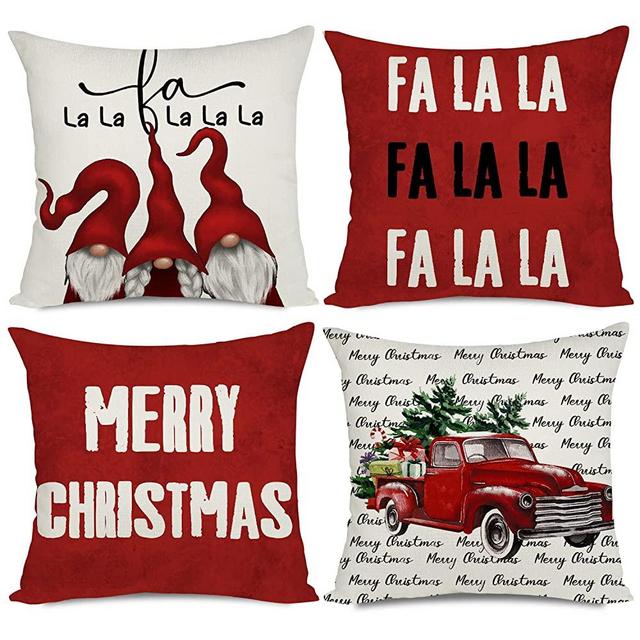 Artmag 22x22 Christmas Pillow Covers, Decorative Outdoor Farmhouse Merry Christmas Gnomes Truck Christmas Tree Pillow Shams Cases Slipcovers Set of 4 for Couch Sofa
