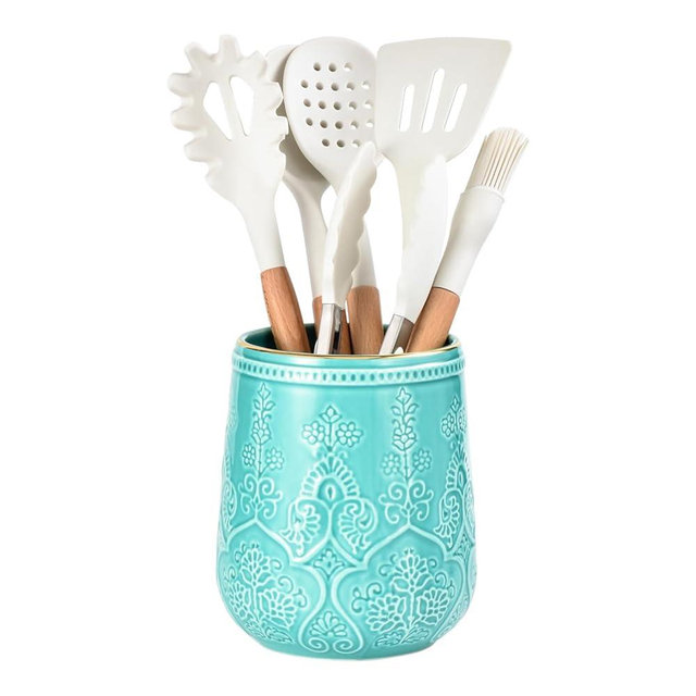 Lunaicorn Utensil Holder, Large Kitchen Utensil Holder for Kitchen Counter, 6.5”Ceramic Cooking Utensil Holder, Kitchen Decor for Counter (Turquoise)