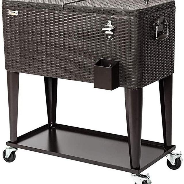 VINGLI 80 Quart Rolling Ice Chest on Wheels, Portable Patio Party Bar Drink Cooler Cart, with Shelf, Beverage Pool with Bottle Opener,Water Pipe and Cover (Rattan)