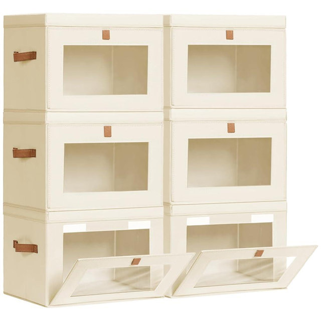 Homsorout Large Storage Bins with Lids - Fabric Collapsible Closet Storage Organizer with Window & Handles, Stackable Decorative Storage Boxes for Clothes, Blankets, Sweaters, 6 Pack, Beige