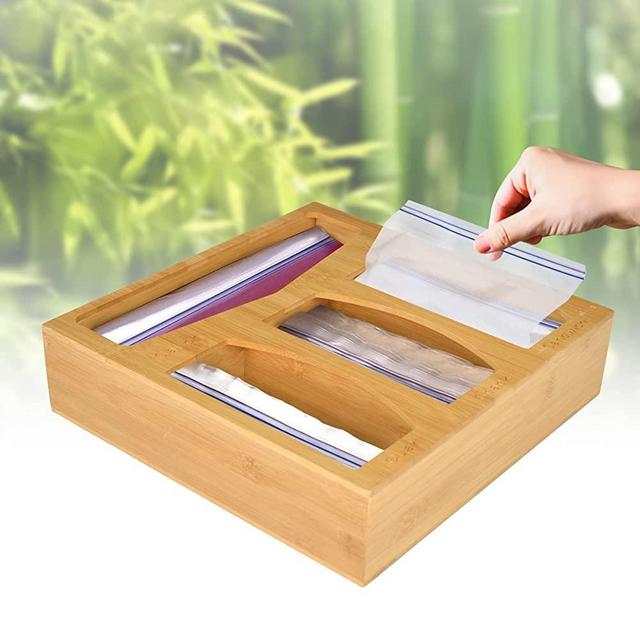 Bamboo Ziplock Bag Storage Organizer, Food Storage Bag Holder Organizer and Dispenser for Kitchen Drawer or Countertop Compatible with Gallon, Quart, Sandwich, Snack Variety Size Bags