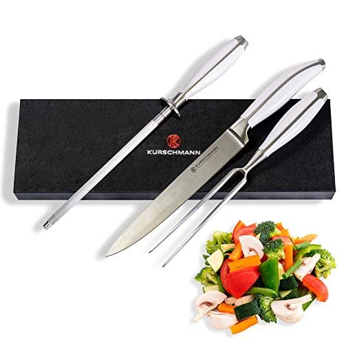 Kurschmann 3-Piece Arctic White Carving Set for Cutting Meat, Includes German Stainless Steel Knife, Fork, and Honing Rod, with Modern, Rivetless Handles in Gift Box
