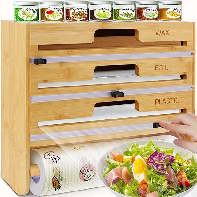 Foil and Plastic Wrap Organizer, Paper Towel Holder Wall Mount, 5 in 1 Plastic Wrap Dispenser with Cutter for Wax Paper Parchment 12" Roll, Aluminum Foil Dispenser for Kitchen Organization and Storage