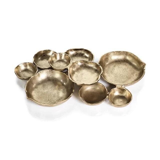 Zodax Cluster of 9 Round Serving Bowls, Dark Gold Finish, 19 in x 12 in x 2.5 in