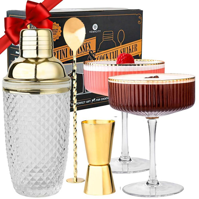 Vemacity Luxury Bar Tool Set | 16oz Glass Cocktail Shaker Set + 2 Ribbed Martini Glasses & Gold Bar Tools: Bar Spoon, Jigger | Elegant Bartending Kit Gift - Mixology Bartender Kit | Bar Sets for home