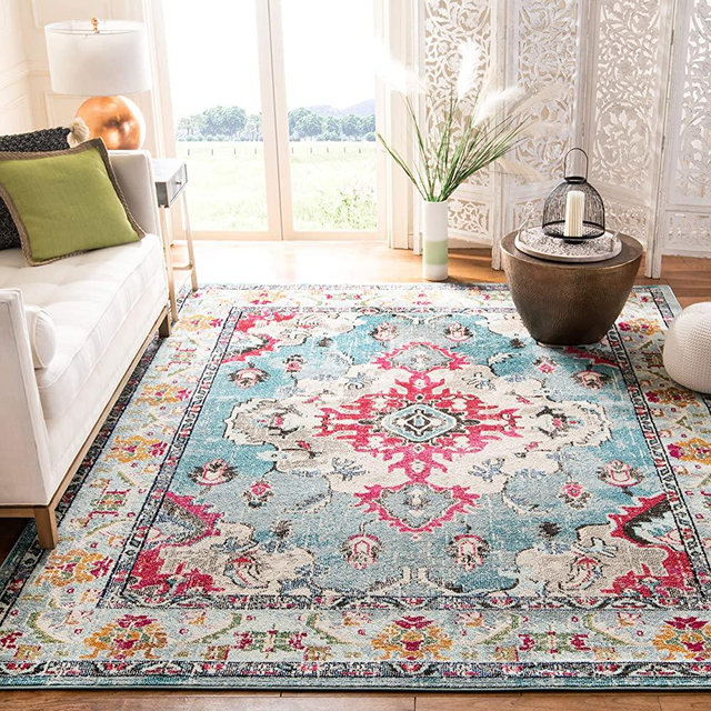 SAFAVIEH Monaco Collection 8' x 10' Light BlueFuchsia MNC243J Boho Chic Medallion Distressed Non-Shedding Living Room Bedroom Dining Home Office Area Rug