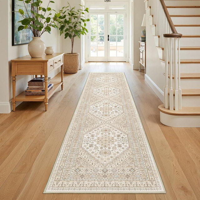 Restydon Runner Rug 2x8 Runners for Hallways Non Slip Washable, Vintage Hallway Runner Rugs for Living Room, Low Pile Soft Hallway Rug for Kitchen Bedroom Laundry Room(Cream/Beige,2'x8')