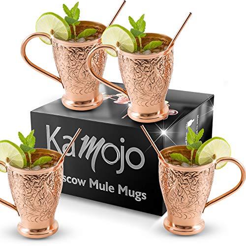 Moscow Mule Pure Copper Mugs - Stunning Embossed Gift Set of 4 Copper Cups - Bonus Copper Straws for Cocktails & Russian Mules - Kamojo Exclusive (Gift set of 4)