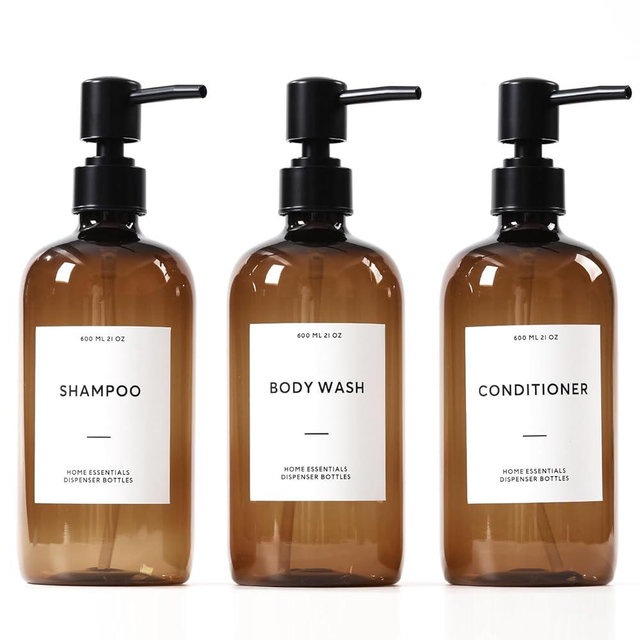 HOMCDALY Shampoo and Conditioner Dispenser, 21oz 3-Pack Refillable Shampoo and Conditioner Bottles, Shower Soap Bottles with Pump and Labels, Bathroom Shower Dispenser（21oz-Brown）