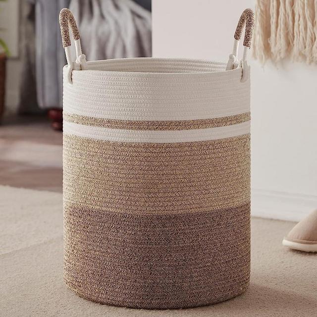 SIXDOVE Laundry Hamper, Large Woven Rope Laundry Basket with Handles, Decorative Storage Basket for Clothes and Toys in Living room, Bedroom, 15" x 20", Jute & White