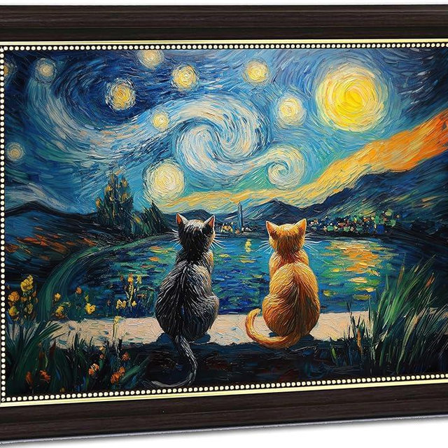 Black Gold Framed Funny Cat Wall Art Starry Night Cat Canvas Wall Decor Print Retro Animal Picture Painting for Bathroom Bedroom 12x16 inch
