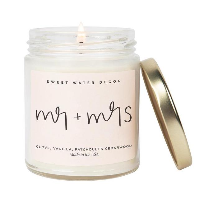 Sweet Water Decor Mr. + Mrs. Candle - Gold Pepper, Clove Leaf, Nutmeg and Lavender Scented Candle for Home - 9oz Clear Jar with 40 Hour Burn Time, Made in USA - Wedding and Engagement Gifts