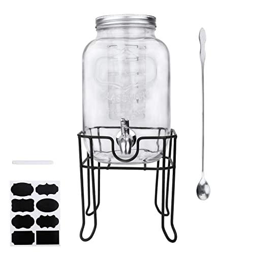 1 Gallon / 4000ml Clear Mason Jar With Lids, Airtight Glass Jars With Stainless Water Faucet and Ice Cylinder and Jars Holder Perfect for Beer, Sun Tea, Coffee, Coke and Cold Drinks, 1 pack
