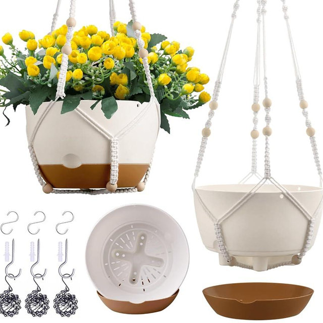 3 Pack 8/10/12 Inch Hanging Planters for Indoor Plants with Self-Watering Includes Hanging Pots for Plants, Outdoor Hanging Flower Pots with Drainage, and 2 Types of Hanging Baskets Hangers (White)