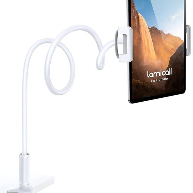 Lamicall Gooseneck Tablet Mount Holder for Bed Flexible Tablet Arm Clamp for Bed Compatible with Pad Pro 10.5, Air 9.7, Mini 7.9, Galaxy Tabs, Switch, More 4.7-11" Device - White