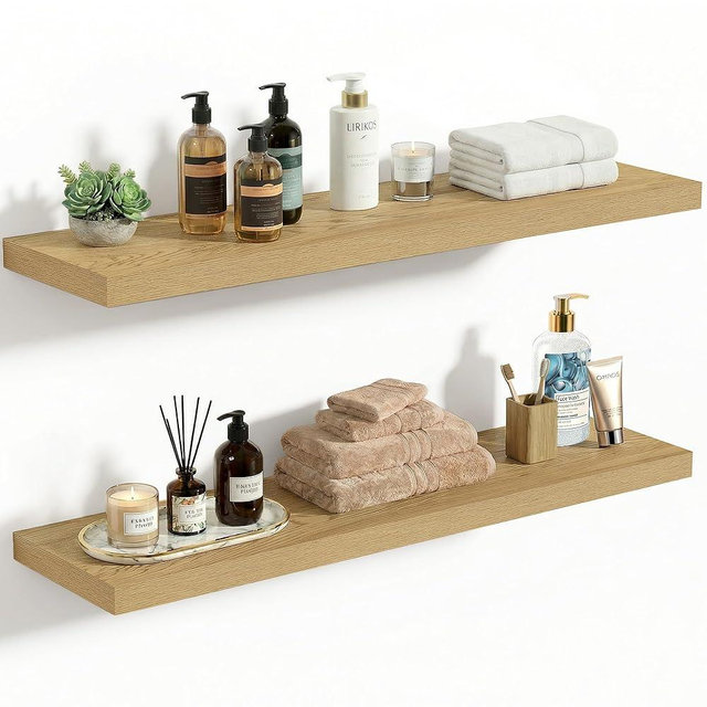 Vivelove 10" Deep Floating Shelves with Invisible Brackets, 30" Wall Shelves for Bathroom Bedroom Kitchen Living Room Laundry Room, Modern Rustic Shelves for Home Decor, 30"x10.2"x1.5", Set of 2, Oak