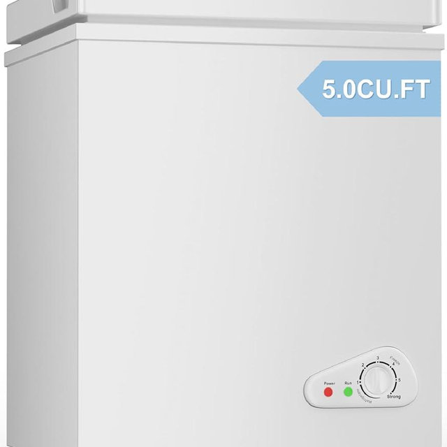 TABU 5.0 Cubic Feet Chest Freezer, Freestanding Compact Top-Opening Deep Freezer with 7 Level Adjustable Thermostat & Removable Basket, Low Noise(White, 5.0 Cu.Ft.)