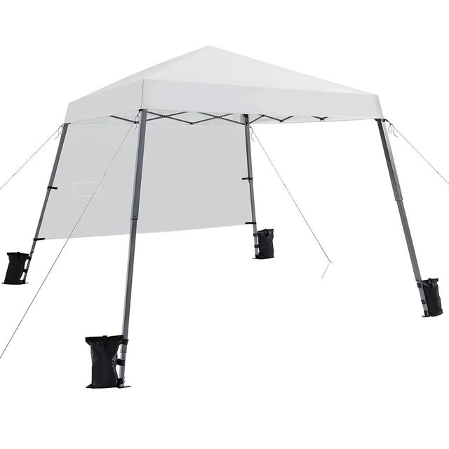 Yaheetech Pop Up Canopy Tent with Backpack, 10x10 Base Portable Easy One Person Setup Folding Shelter Compact Lightweight Slant Leg Canopy with 1 Sidewall, 8x8 Top, Silver-Coated White