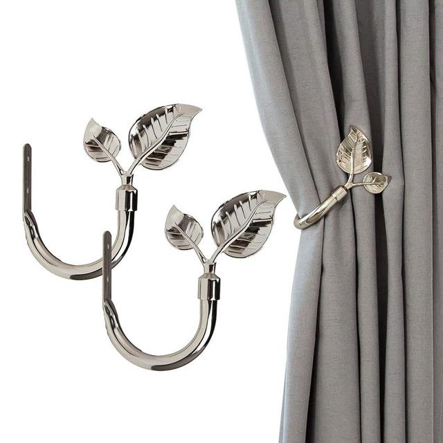 HIKMLK Bright Nickel Leaf Shaped Curtain Holdbacks 2pcs, Handmade Metal Curtain Side Holders Hooks for Wall, Curtain Tieback Pull Backs for Drapes Drapery Home Window Decoration