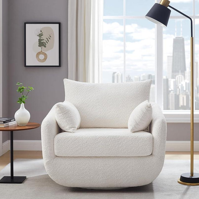 UNUQLIVCO 360° Swivel Accent Armchair, 39.3" Oversized, Boucle Fabric Sofa Chair with Removable Back & Arm Pillows, Furry Swivel Chair with Cozy Soft Padded, No Assembly Required (1, White)