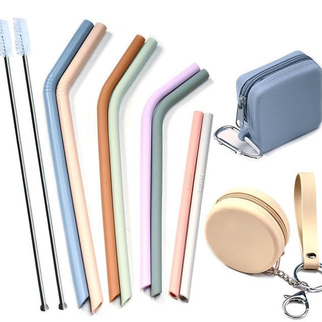 4-Size Reusable Silicone Straws with Travel Keychain Cases-Portable Collapsible For Cruise Ships, Short-Long Size For 4-20 oz Tumblers,Kids Toddlers Adults, Standard&Wide For Regular Liquid&Smoothie