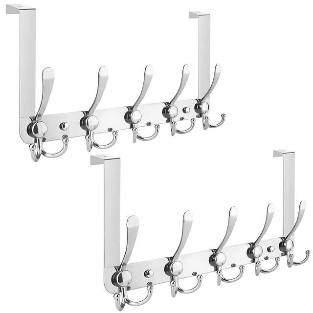 TICONN Over The Door Hooks, 5 Heavy Duty Tri Coat Rack All Metal Coat Hanger for Jacket Hat Towel Bags in Bathroom Bedroom Dorm (Chrome, 2PK)