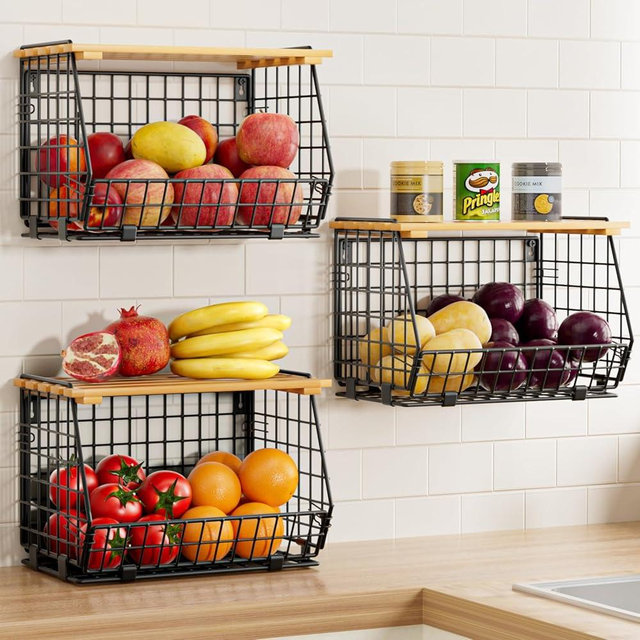 GGIU Wire Fruit Basket for Kitchen Storage: Hanging Fruit Basket for Kitchen Stackable Counter Basket for Vegetable Produce - Counter Potato and Onion Storage for Pantry 3 Pack