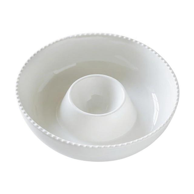 Ausomen 11'' Ceramic Chip and Dip Tray, Middle Size Divided Serving Set for Parties, Mixing Bowl Sets for Salsa, Snack, Veggies, Dumpling, Fruit, Salad, Fruit, Entertaining, Hosting, Ivory White