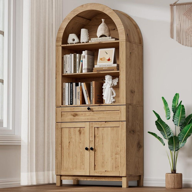 TEROL Arched Pantry Cabinet, 71" Kitchen Pantry Cabinet with Smooth Gliding Drawers and Adjustable Shelf, Wood Storage Cabinets Anti-Tipping, Farmhouse for Living Room, Dining Room (Rustic Natural)