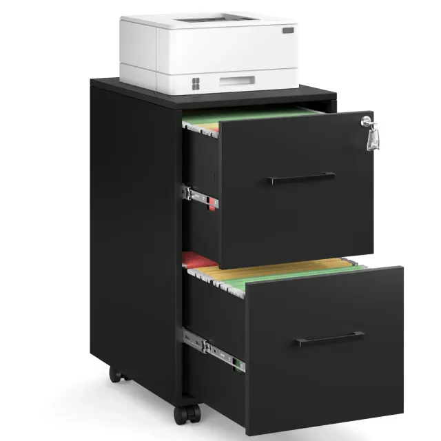 Mobile File Cabinet, Office Filing Cabinet with Wheels and Lock, Black