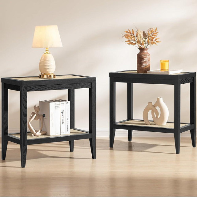 SICOTAS Rattan Nightstands Set of 2 - Boho Shelf Bedside Tables Narrow End Table Living Room Set of 2 Side Table with Rattan Storage Shelves for Small Space - Black Oak