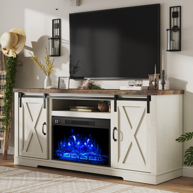 AMERLIFE Fireplace TV Stand with Sliding Barn Door for TVs up to 73", Farmhouse 63" Fireplace Entertainment Center, Distressed White & Barnwood