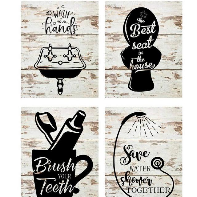 gubodasol Retro Funny Bathroom Signs (Set of 4 Unframed - 8 x 10 Inches), Bathroom Typography Wall Decor Prints,Vintage Planks Unframed Great Gift for Bathroom Decoration