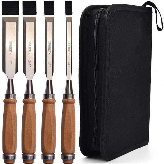 Professional Wood Chisel Tool Sets Sturdy Chrome Vanadium Stainless Steel Woodworking Tools with Storage Bag for Carving Knifes/Chisel Kit, 4PCS, 1/4",1/2",3/4",1"
