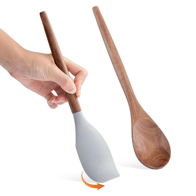 Wooden Cooking Spoons 1pcs Wooden Spoons For Cooking and 1pcs Silicone Spatula Acacia Cooking Spoon Wood Non-Stick Wood Utensil Silicone Scraper Spatula, Kitchen Utensils Cooking Spoon for Serving