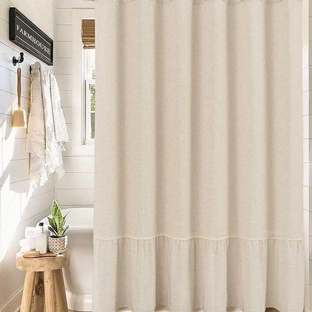 Farmhouse Shower Curtain Cream Linen Blend Shower Curtain Beige Ruffle Shower Curtain, Vintage Rustic Theme Bathroom Accessories Romantic Bath Curtain
