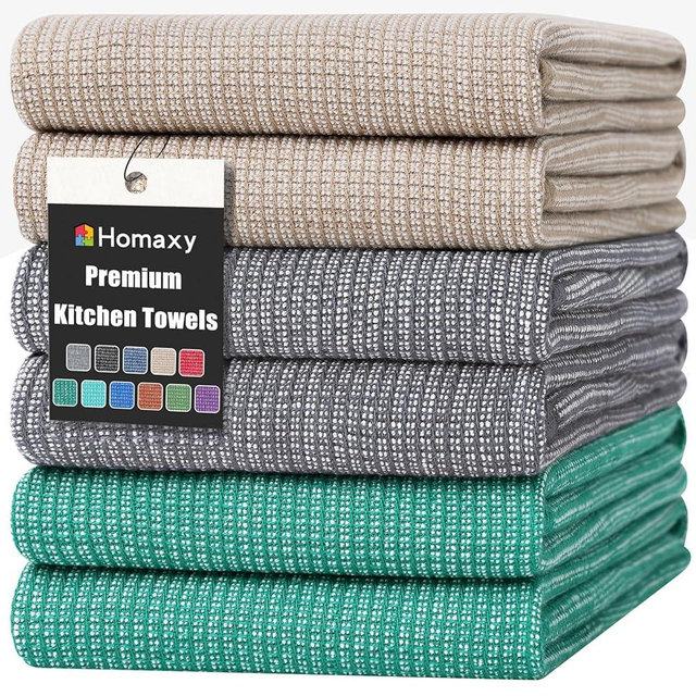 Homaxy Premium Kitchen Towels(18”x 28”, 6 Pack), Large Cotton Kitchen Hand Towels, Flat and Terry Dish Towels, 380 GSM Highly Absorbent Tea Towel Set with Hanging Loop, Grey/Green/Khaki
