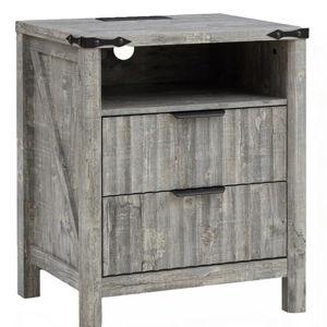 Fluted Nightstand with Charging Station Set of 2-20-inch Farmhouse End Side Table - Modern Night Stand - Elegant Wood Bedside Table with 2 Drawers for Bedroom & Living Room(Grey)