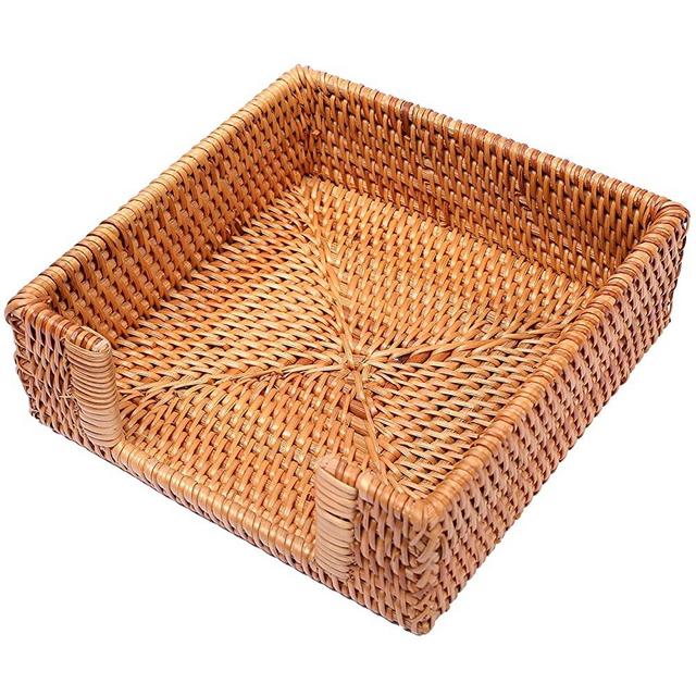 Rattan Napkin Holders, Square Napkin Holder 7.5" X 7.5" X 2.5", Guest Towel Holder Rattan Paper Tray For Desk Cocktail Dinner Decor Kitchen Bar, Basket Napkins Holder Flat (Honey Brown)